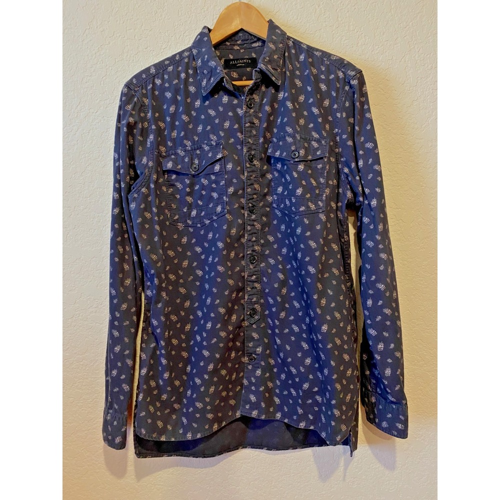 Allsaints Men's Size M Button Up Shirt Blue Feather Print Preppy 100% Cotton